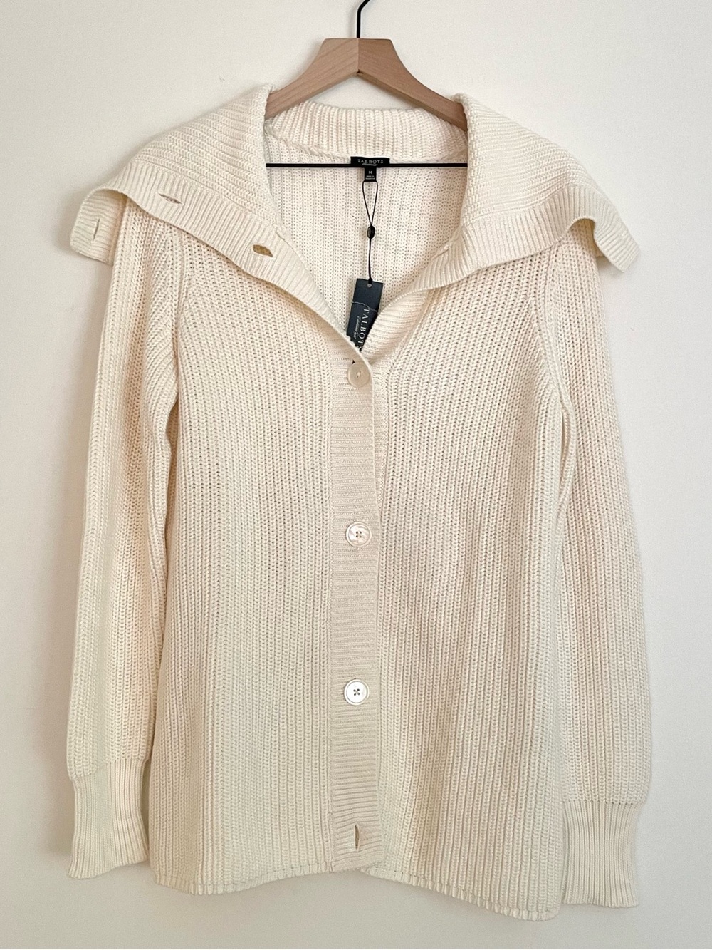 Talbot’s Cream 100% Cotton Button-Front Knit Sweater Cardigan with Wide Collar